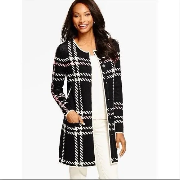 Talbots Size MEDIUM Pink White Herringbone Long Snap Button Cardigan - Picture 2 of 8